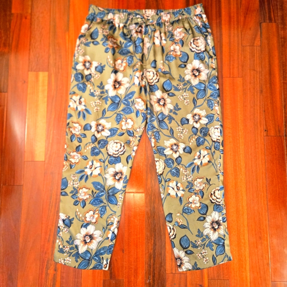 Lauren Ralph Lauren Floral Pants Women 14, Pull On Elastic Waist High Rise Satin